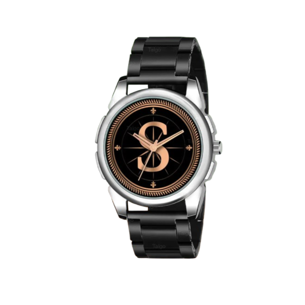Fancy Design Stylish ALPHABET S Dial Black Leather Strap Men Wrist Watch Analog Watch